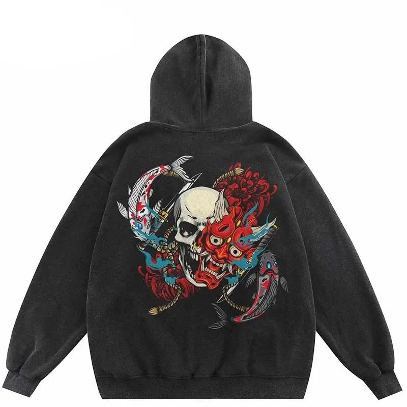 Black Oni Mask Skull Devil Graphic Hoodie