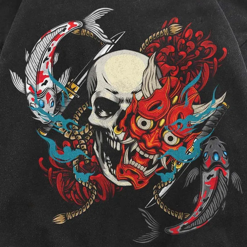 Black Oni Mask Skull Devil Graphic Hoodie