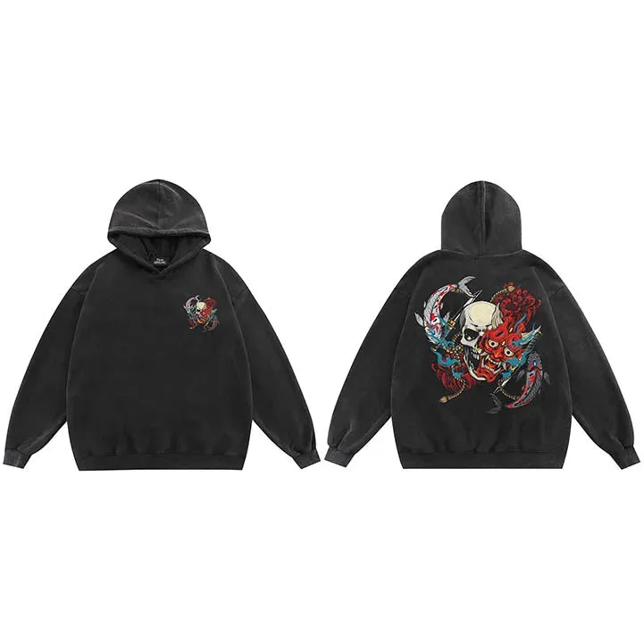 Black Oni Mask Skull Devil Graphic Hoodie