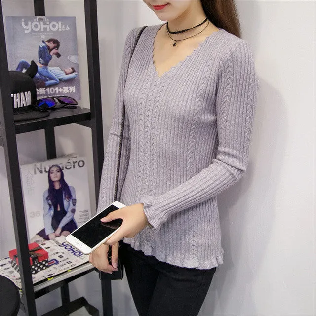 Brand New Autumn Winter Patchwork Female Sweater Plus Size Thin Knitted Long Sleeve V-neck Pullovers Hot  71784 GS