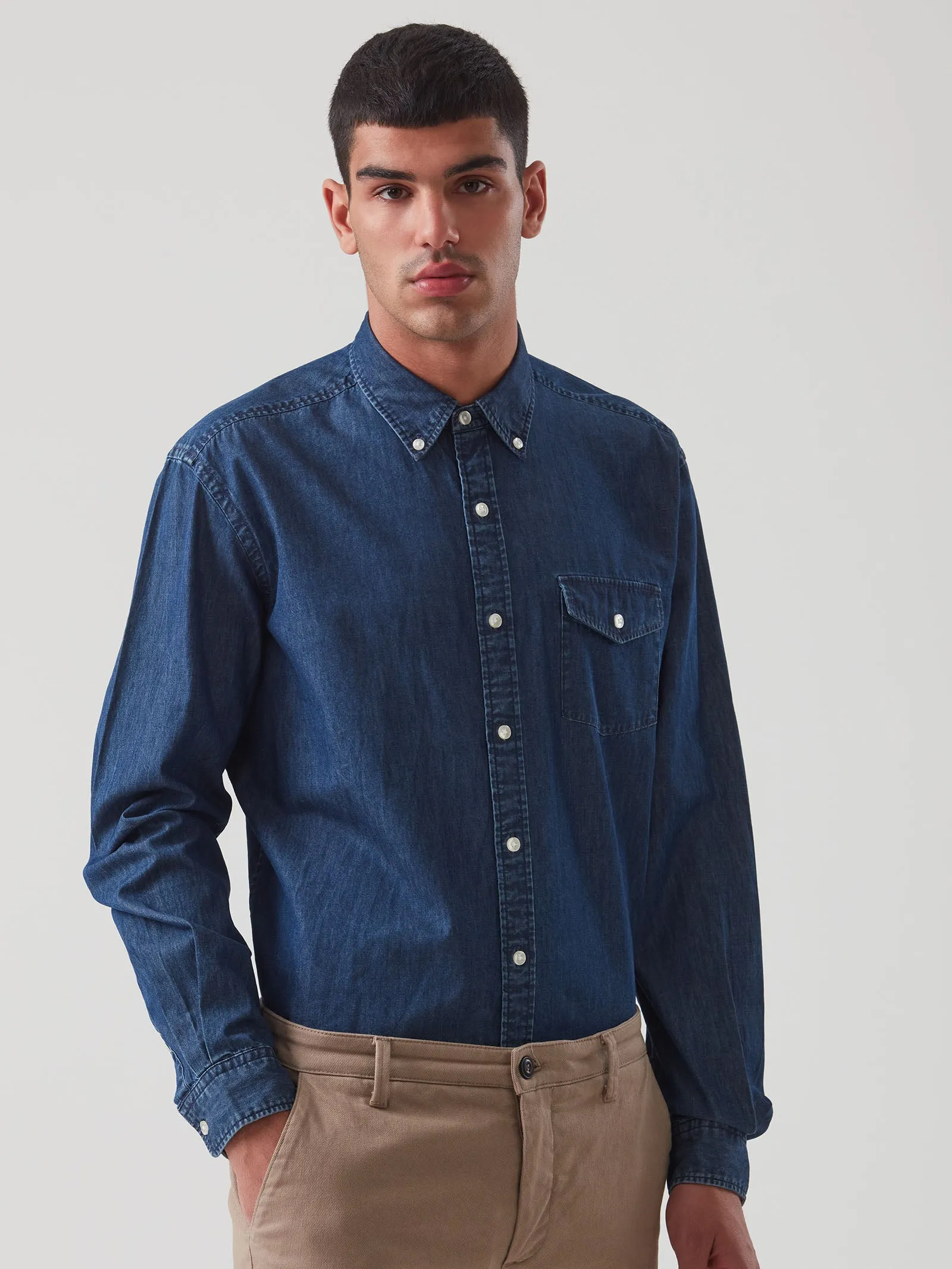 Camicia button down in chambray di cotone - Denim