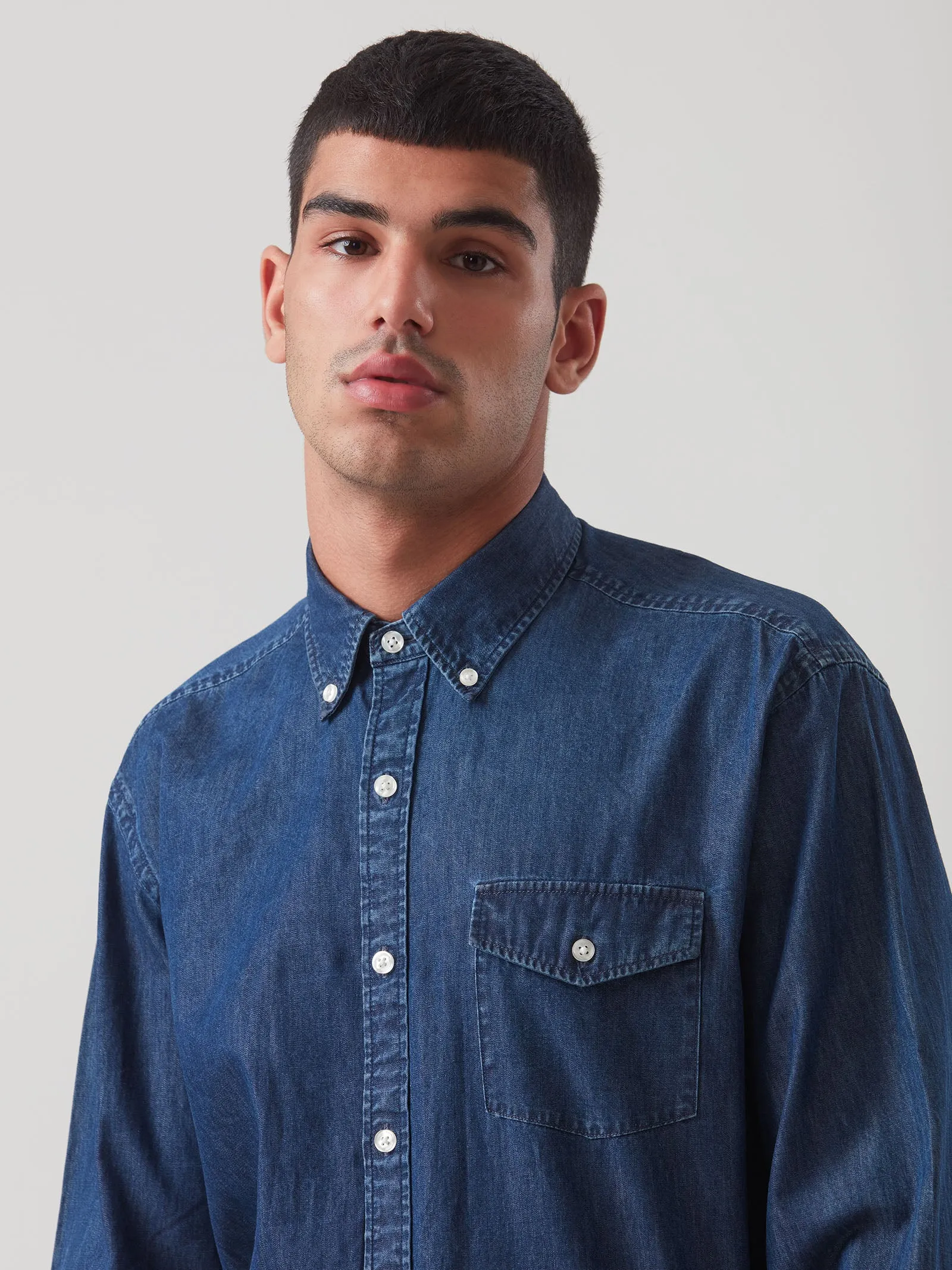 Camicia button down in chambray di cotone - Denim