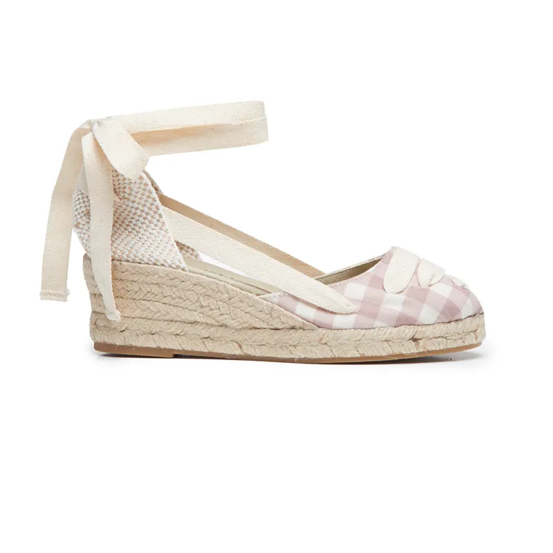 Canvas Wedge Espadrilles in Beige Gingham