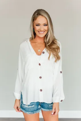 Creating Memories Button Down Pocket Top- Off White