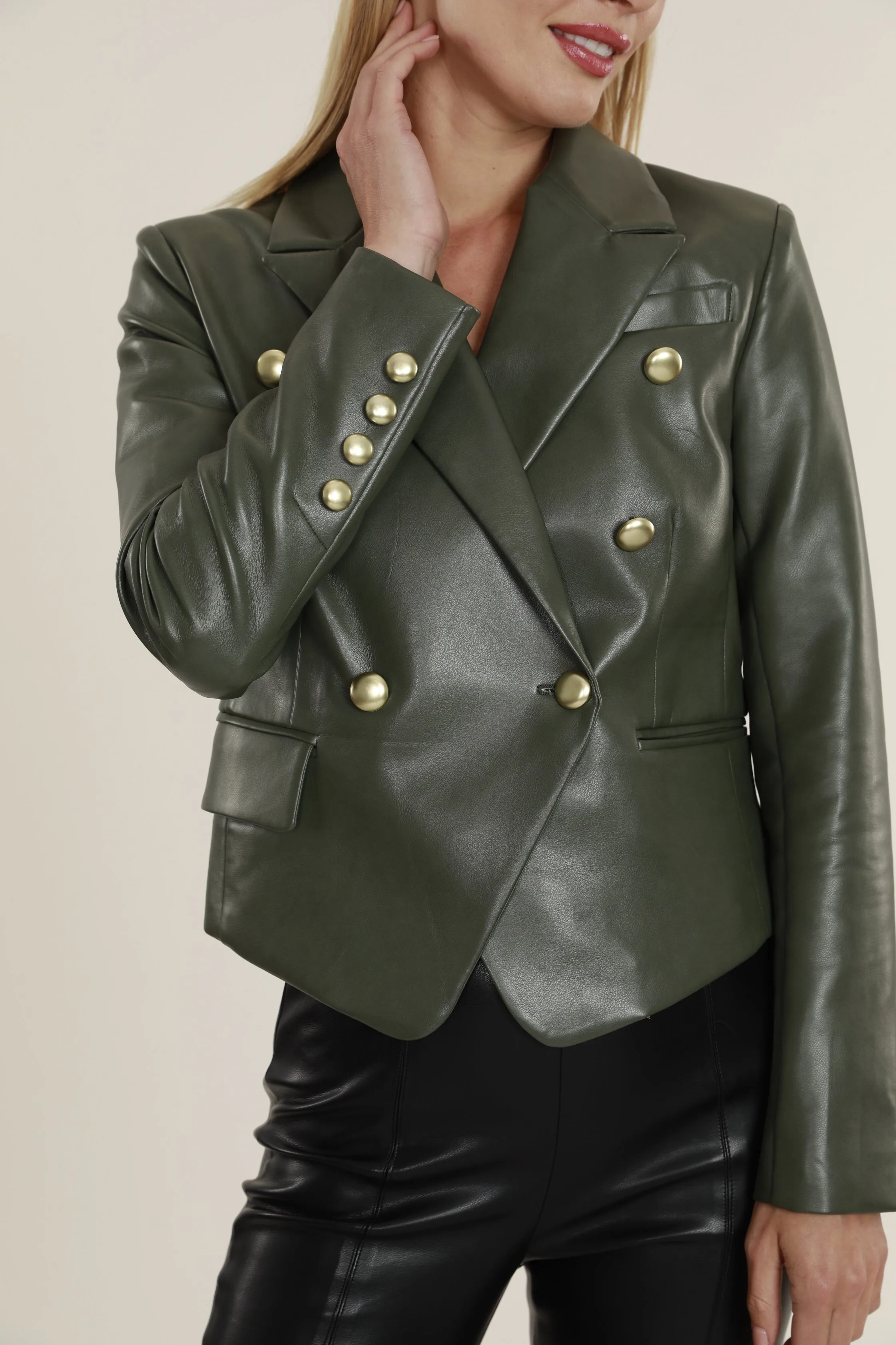 Cropped Faux Leather Double Breasted Blazer