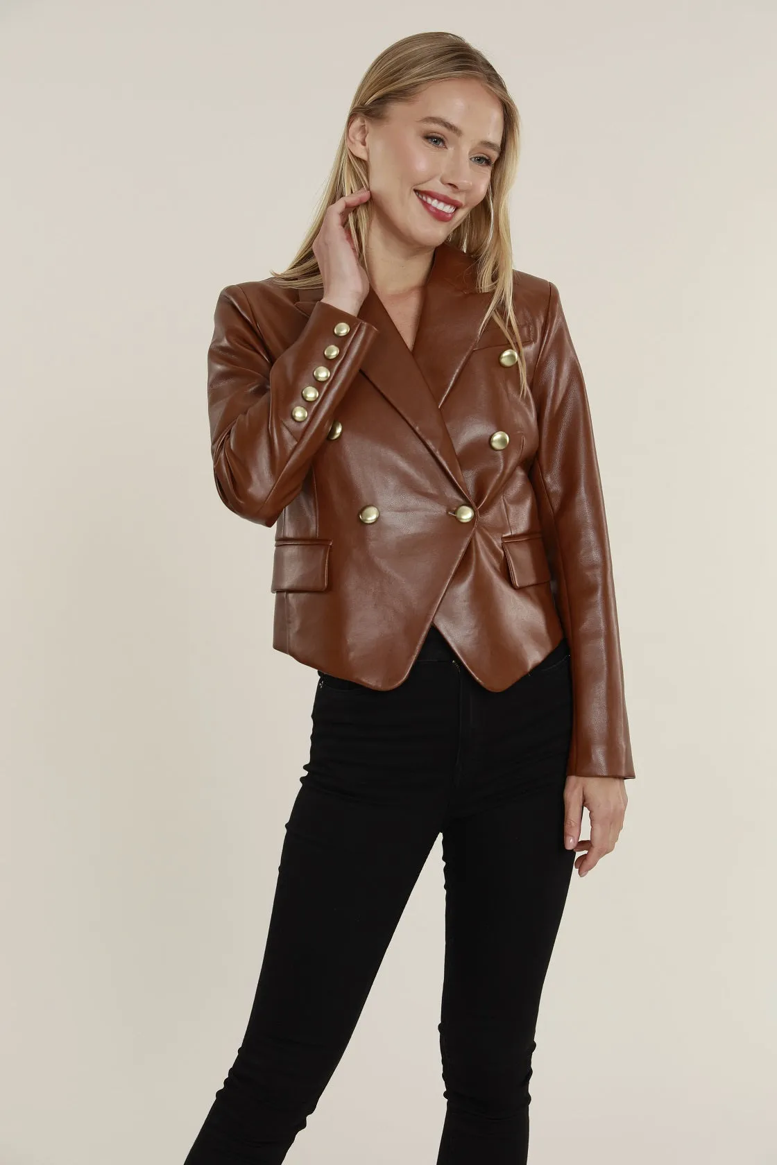 Cropped Faux Leather Double Breasted Blazer