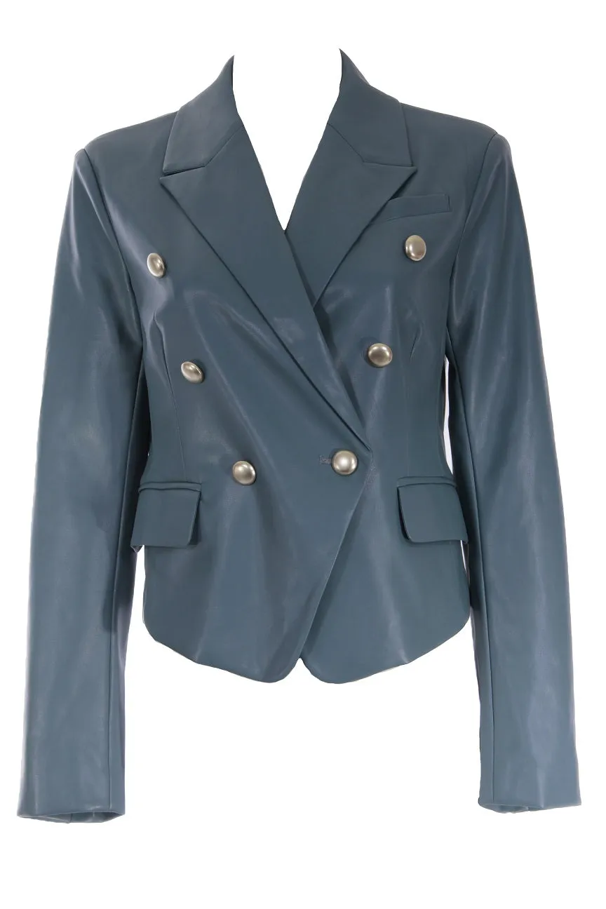 Cropped Faux Leather Double Breasted Blazer