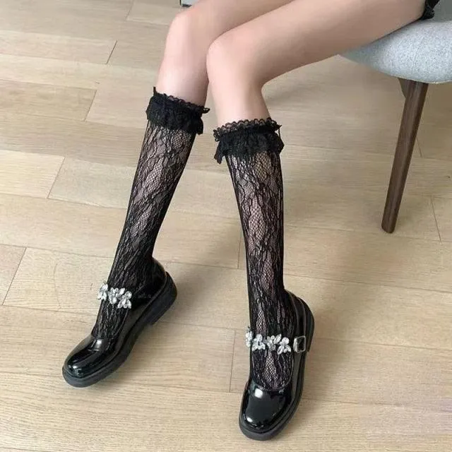 Cute Bow Lace Top Thigh High Stockings With Hollow Out Fishnet Over Knee