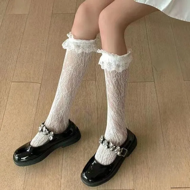 Cute Bow Lace Top Thigh High Stockings With Hollow Out Fishnet Over Knee