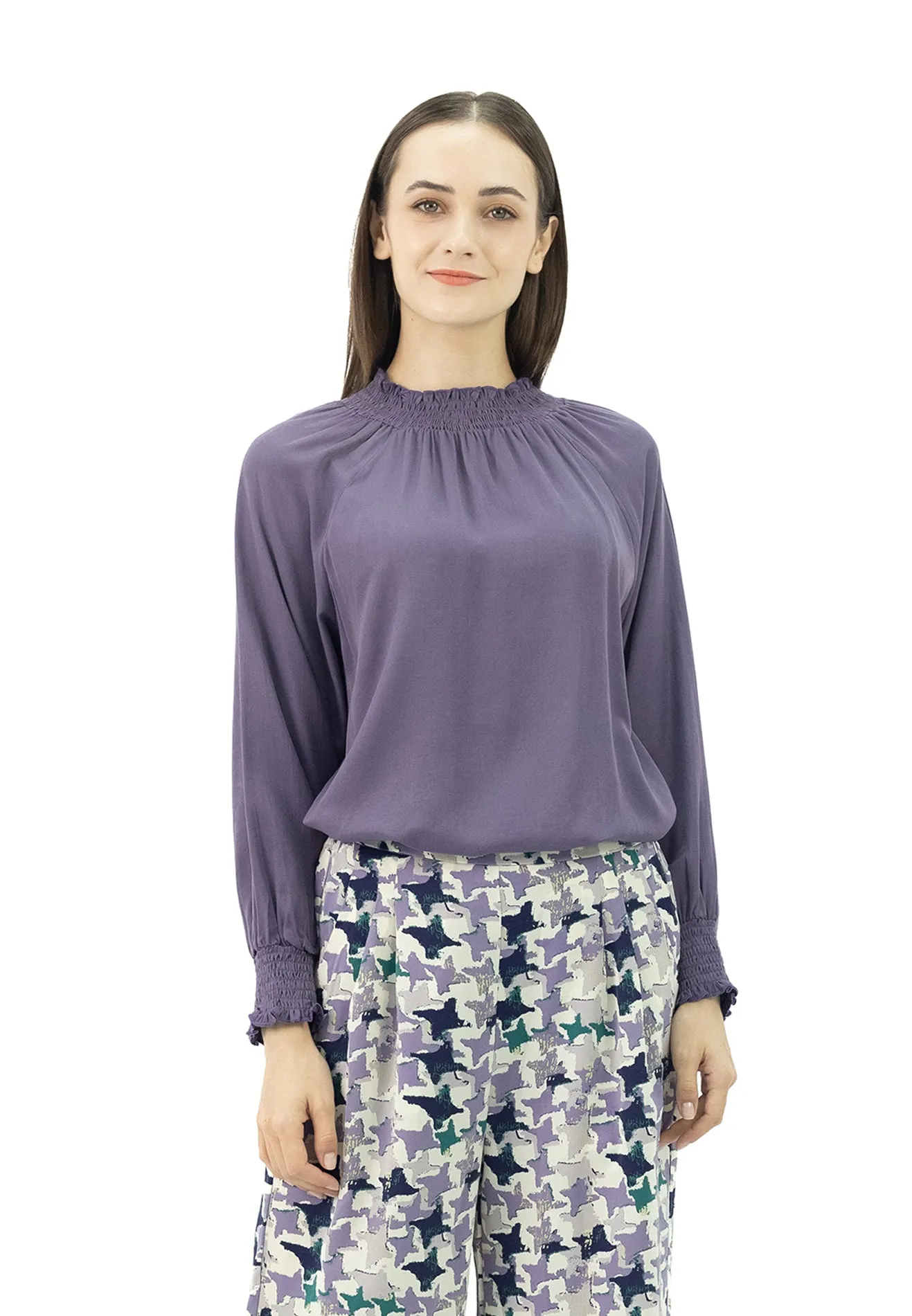 DAISY By VOIR Shirred Neck Long Sleeves Blouse