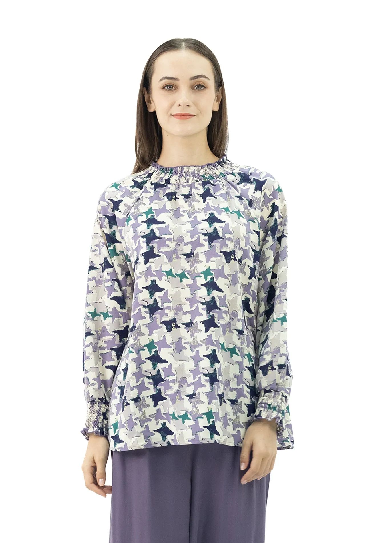 DAISY By VOIR Shirred Neck Long Sleeves Blouse