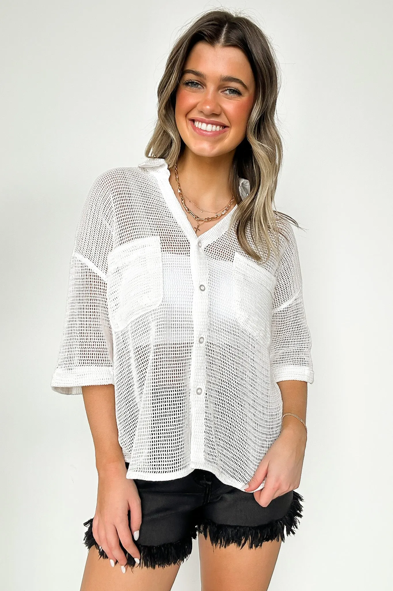 Dennington Short Sleeve Open Knit Button Down Top