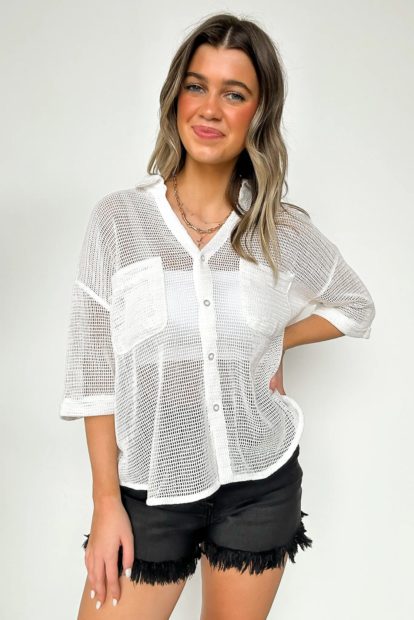 Dennington Short Sleeve Open Knit Button Down Top