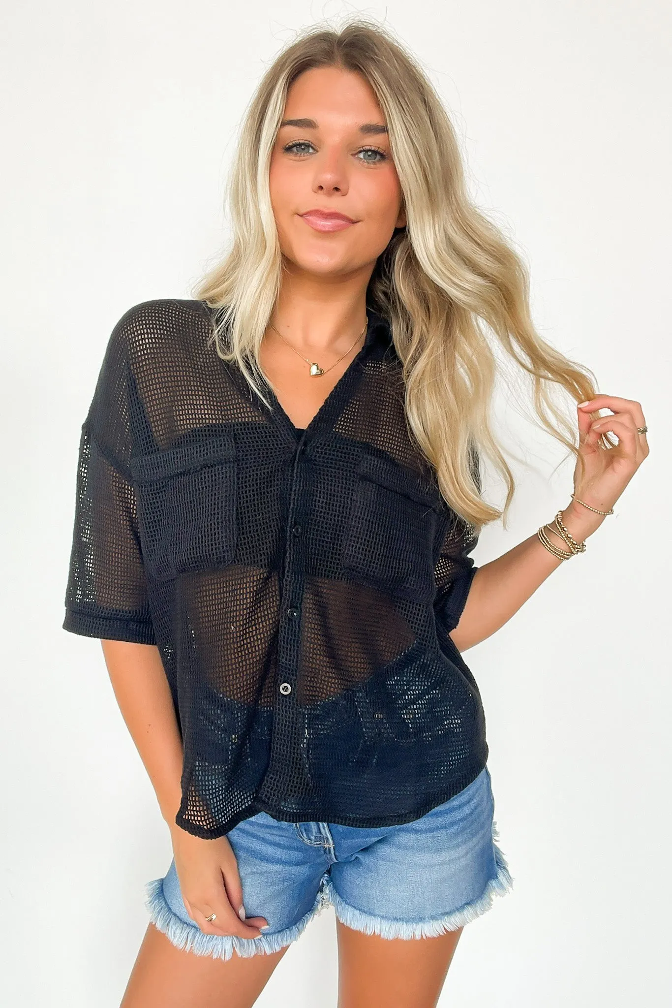 Dennington Short Sleeve Open Knit Button Down Top