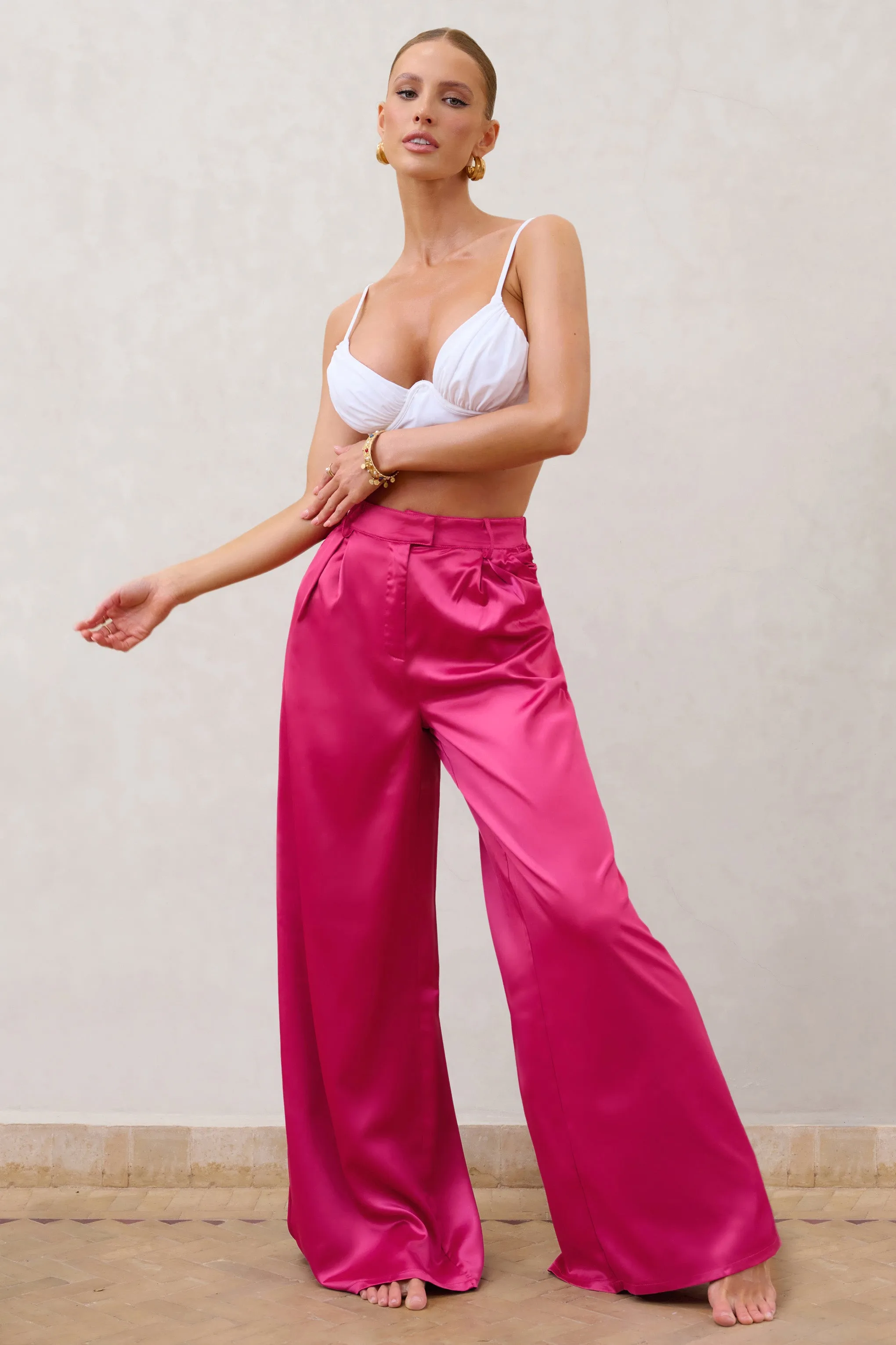 Desire Me | Hot Pink Satin High Waist Wide Leg Trousers