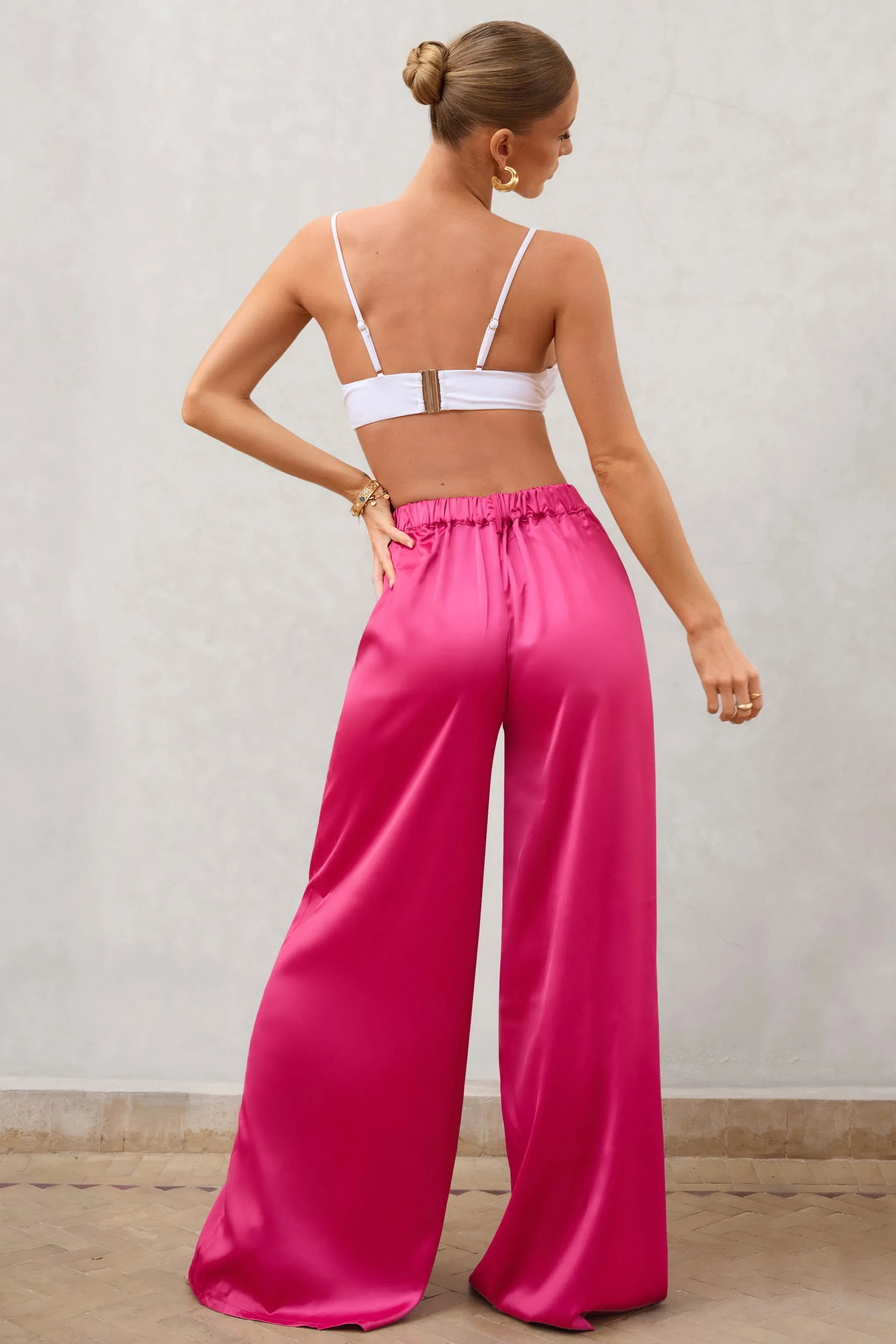 Desire Me | Hot Pink Satin High Waist Wide Leg Trousers