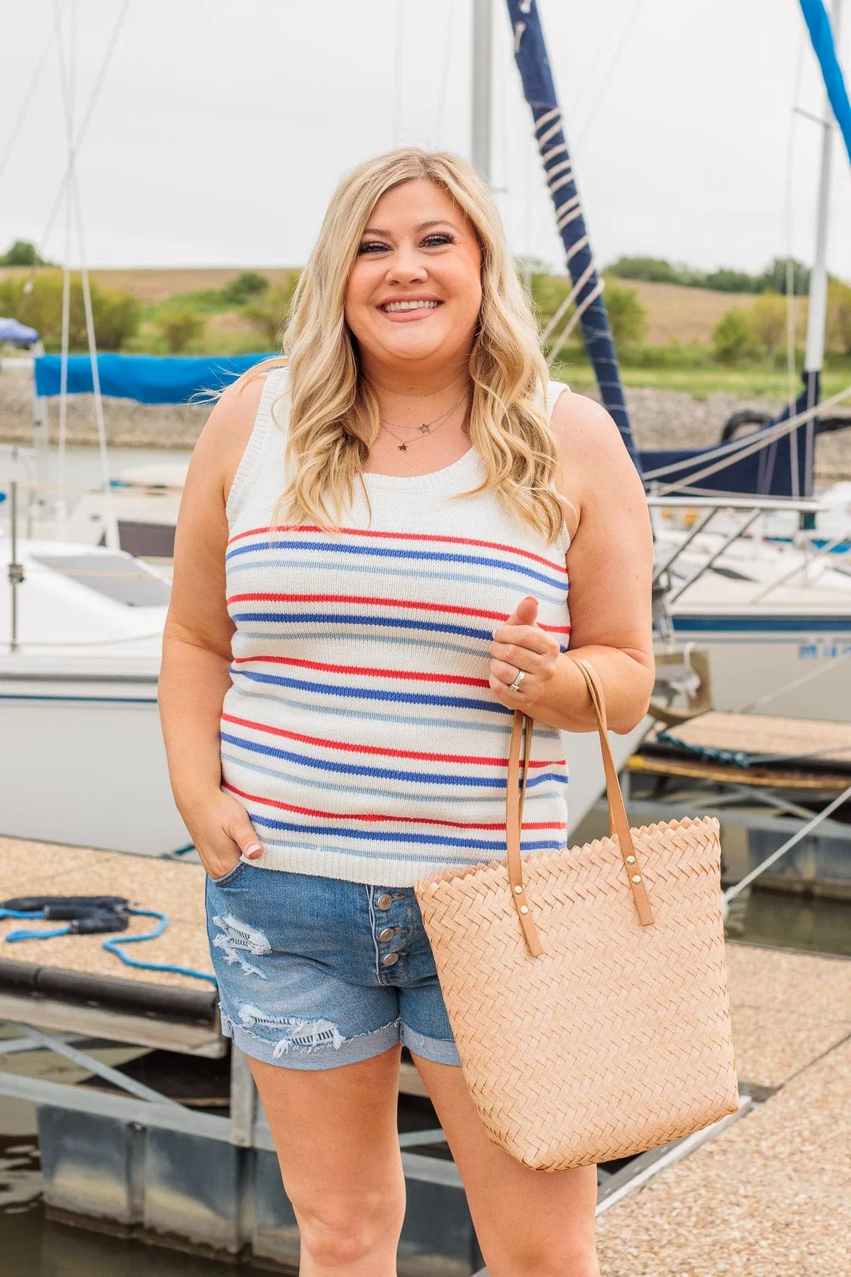 Down At The Pier Striped Knit Tank- White