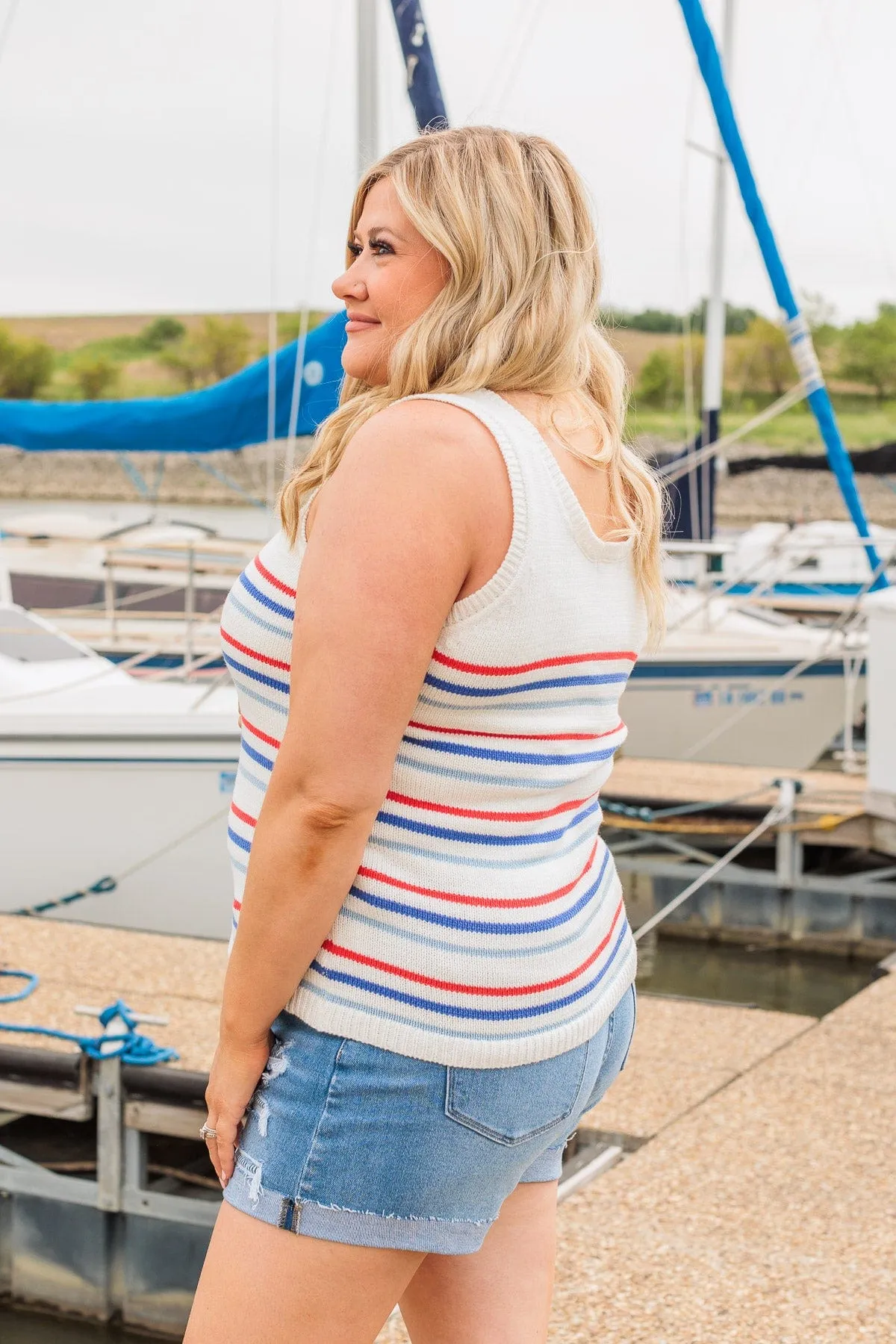 Down At The Pier Striped Knit Tank- White