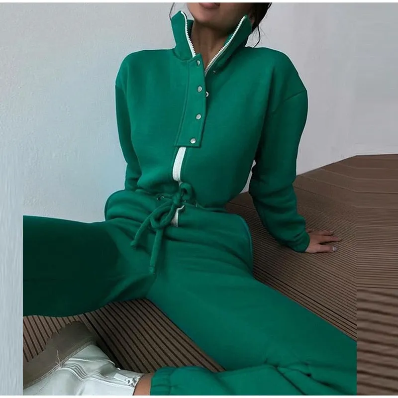 Fall Winter Stand Collar Jumpsuits Women Recreation Loose Drawstring Rompers Tracksuits