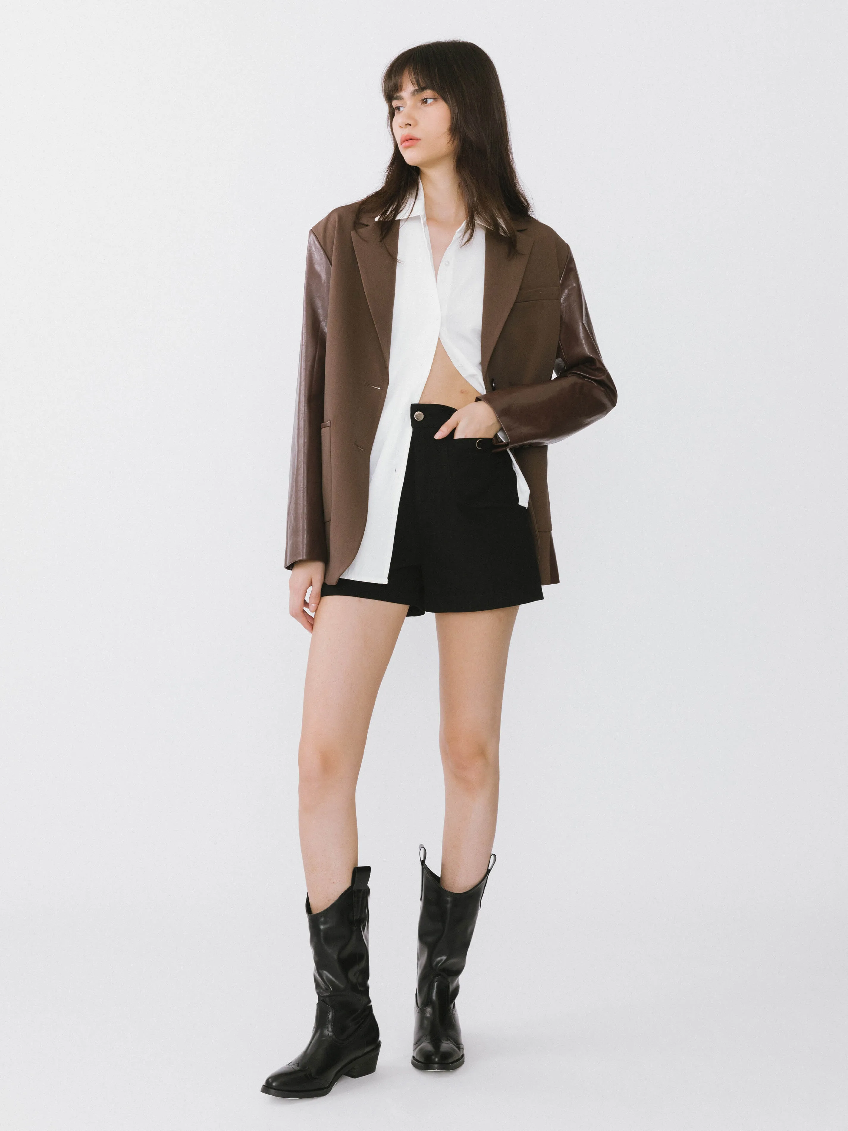 Faux Leather and Wool Oversized Blazer