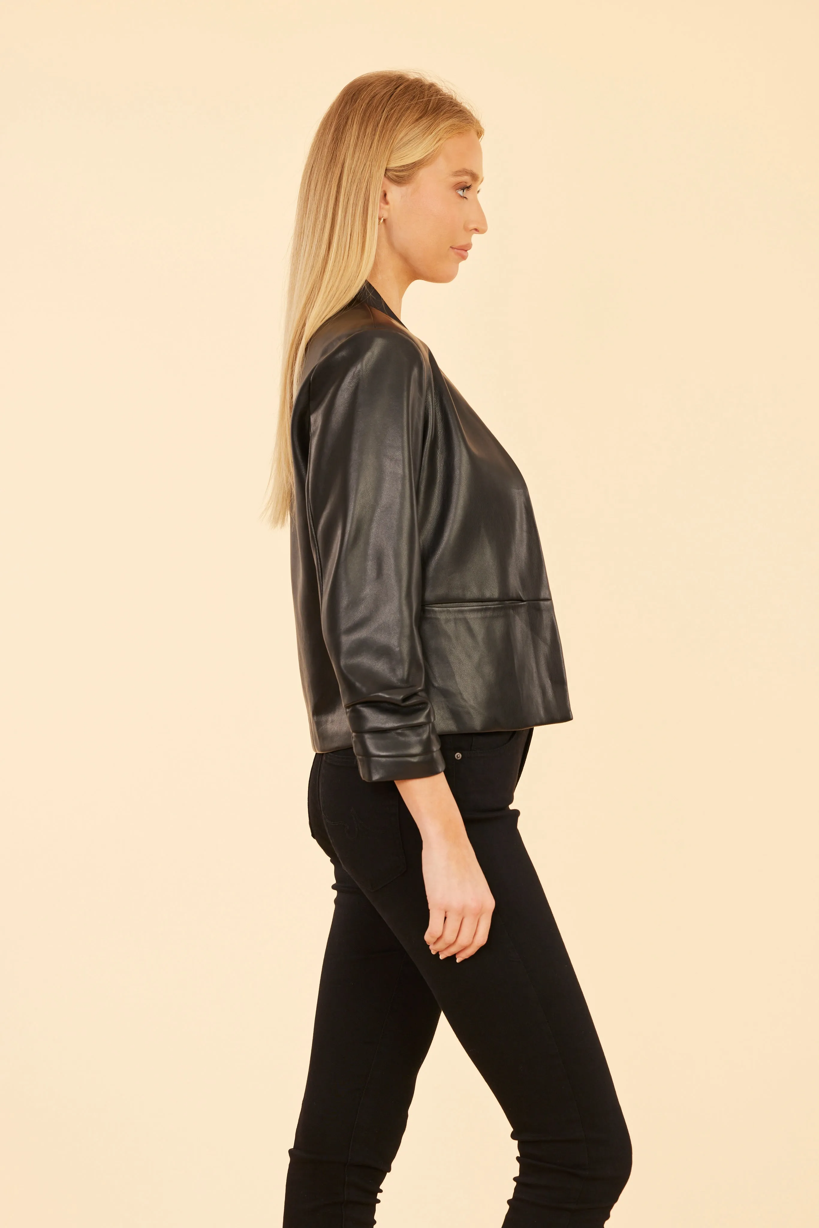 Faux Leather Ruched Sleeve Blazer