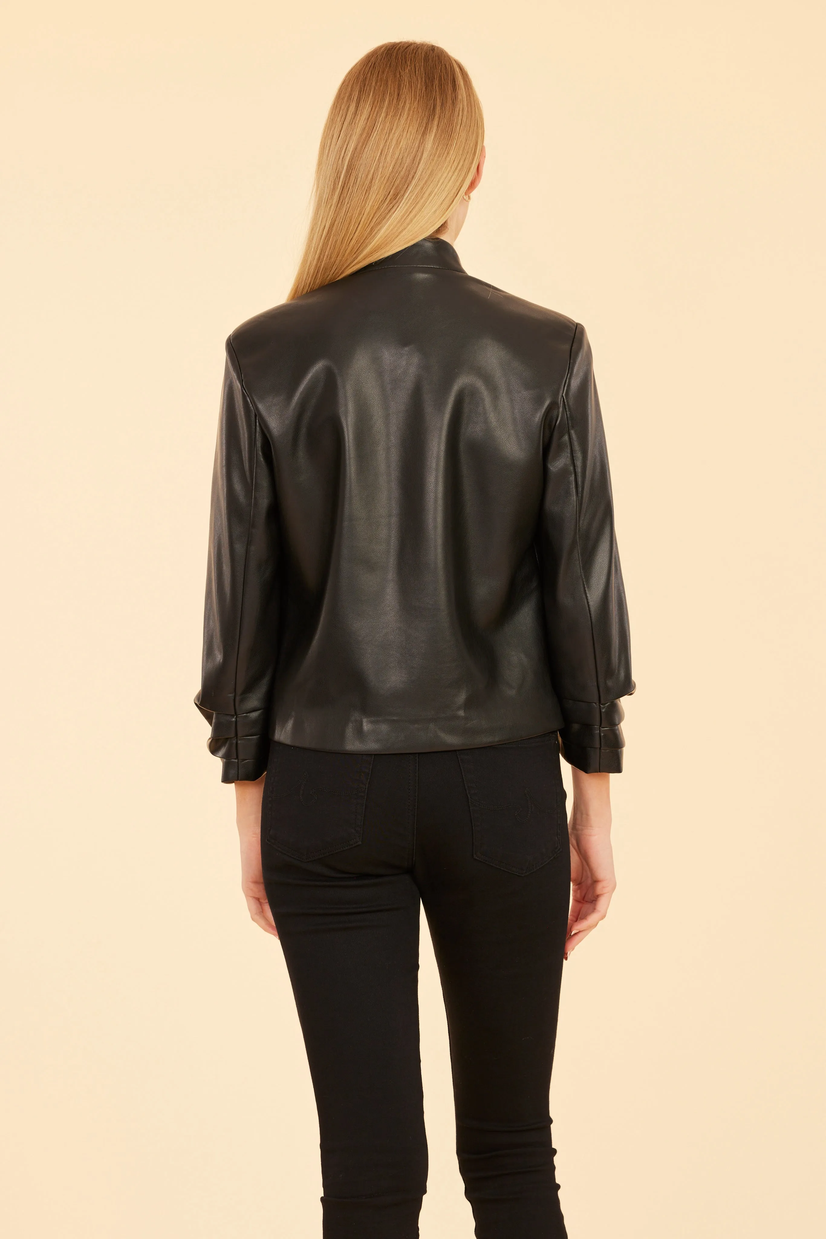 Faux Leather Ruched Sleeve Blazer