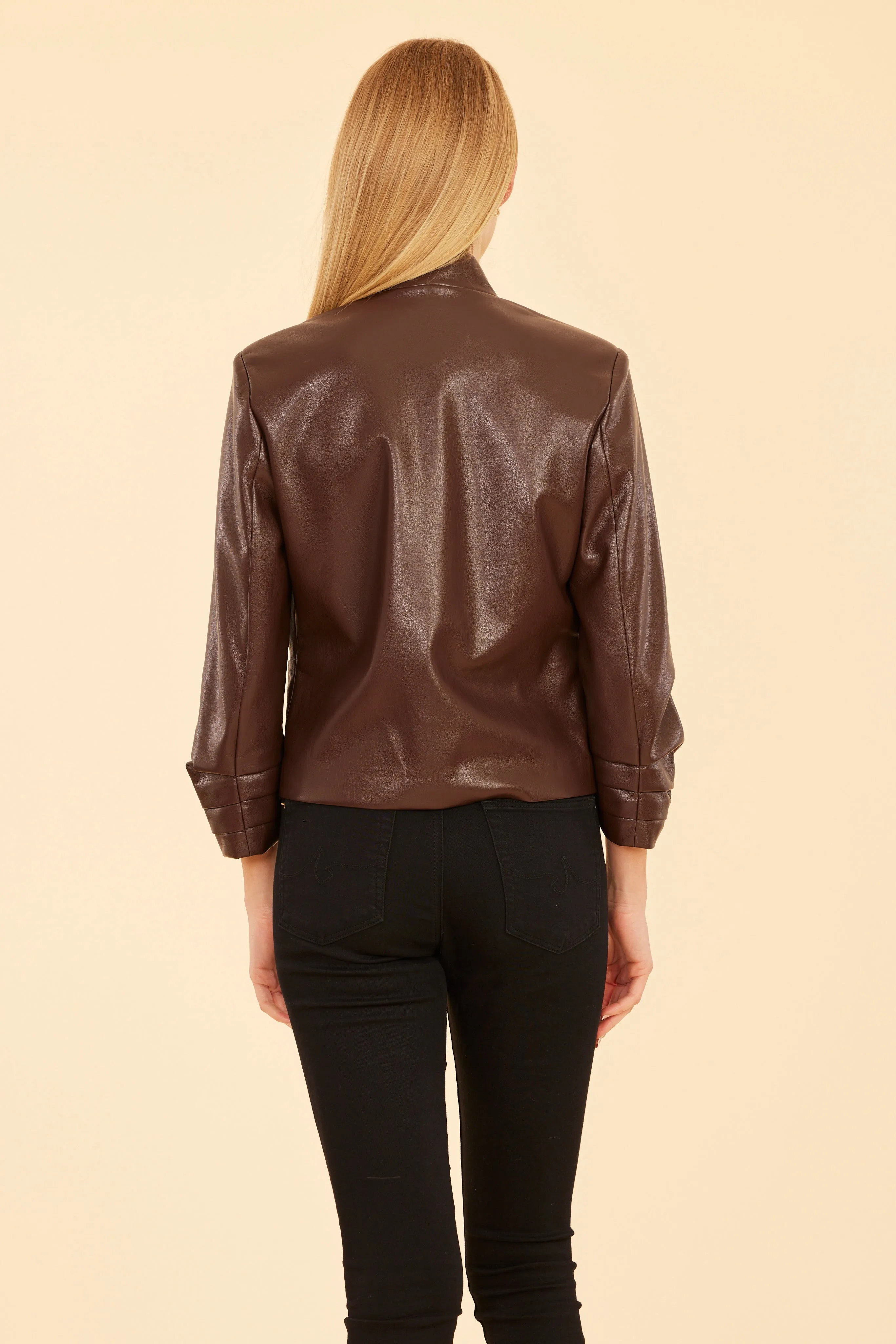 Faux Leather Ruched Sleeve Blazer