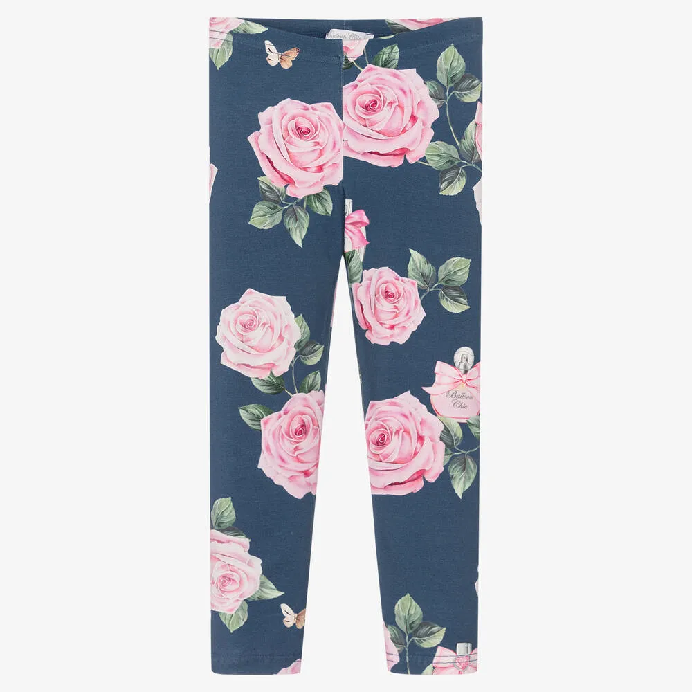 Girls Blue Rose Print Leggings