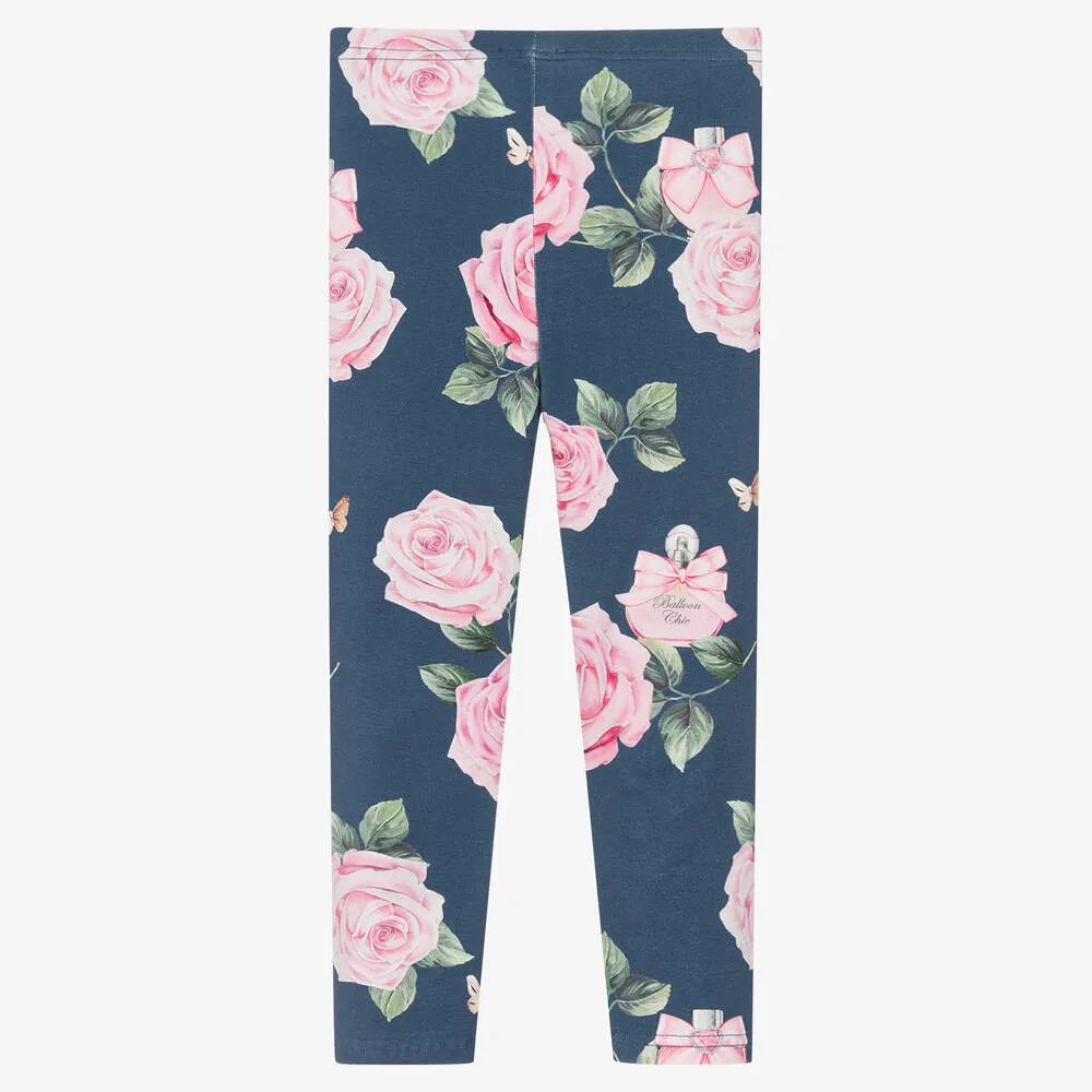 Girls Blue Rose Print Leggings