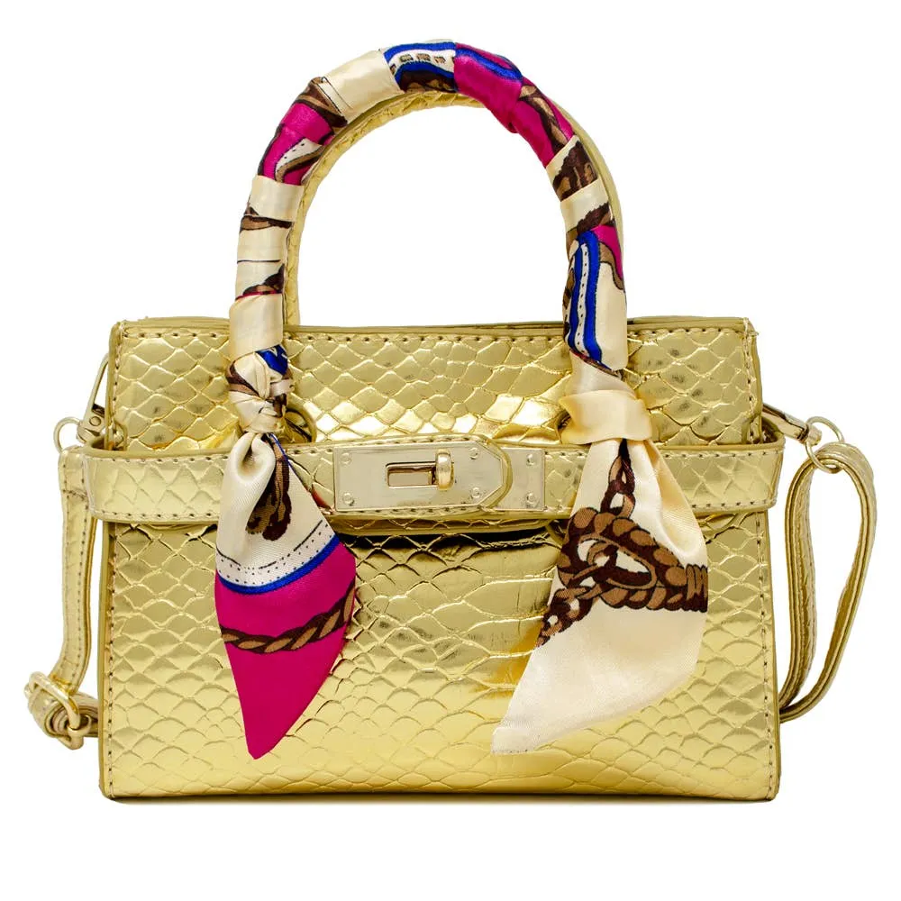 Gold Metallic Crocodile Buckle Bag with Scarf