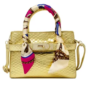 Gold Metallic Crocodile Buckle Bag with Scarf