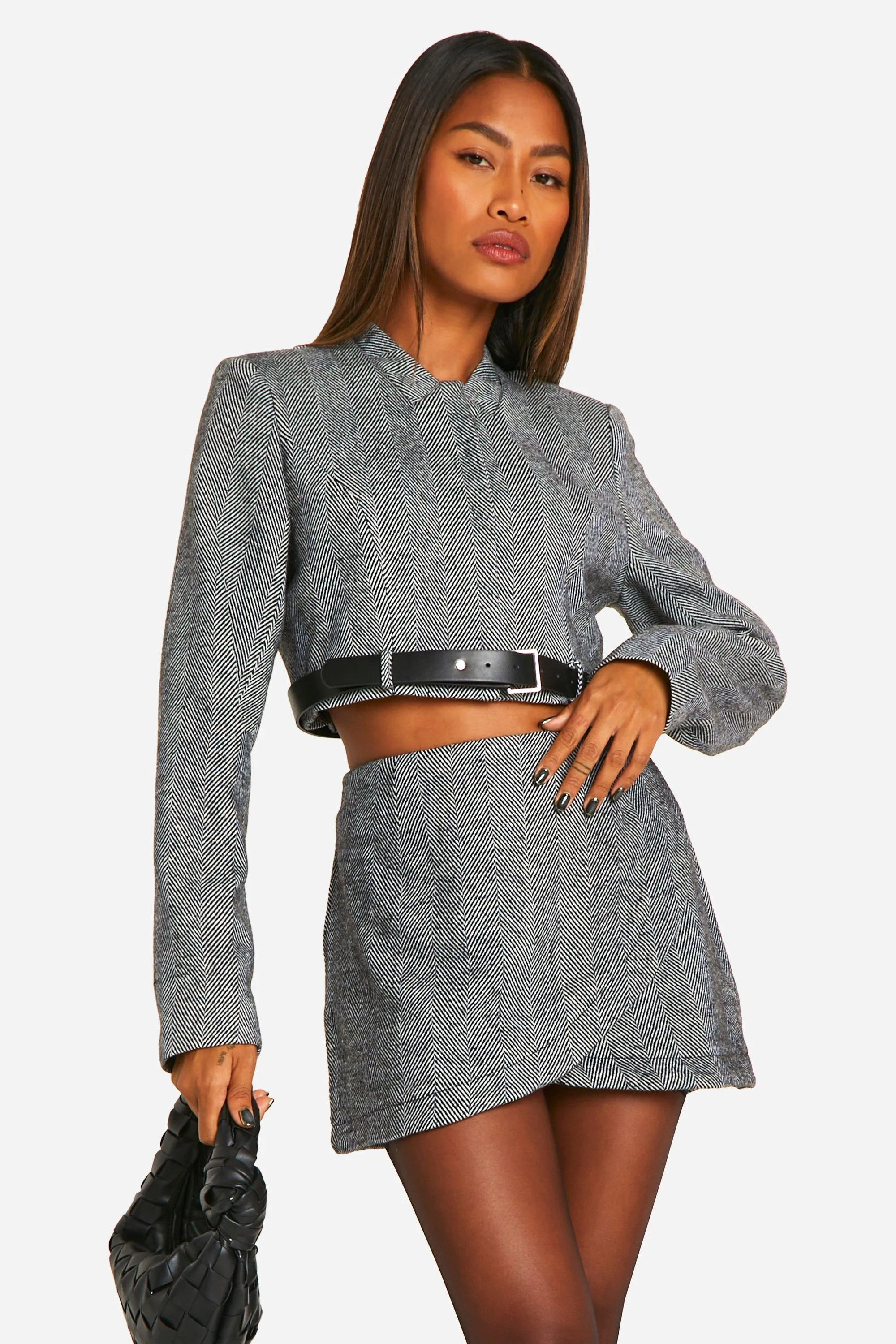 Herringbone Belt Detail Cropped Blazer