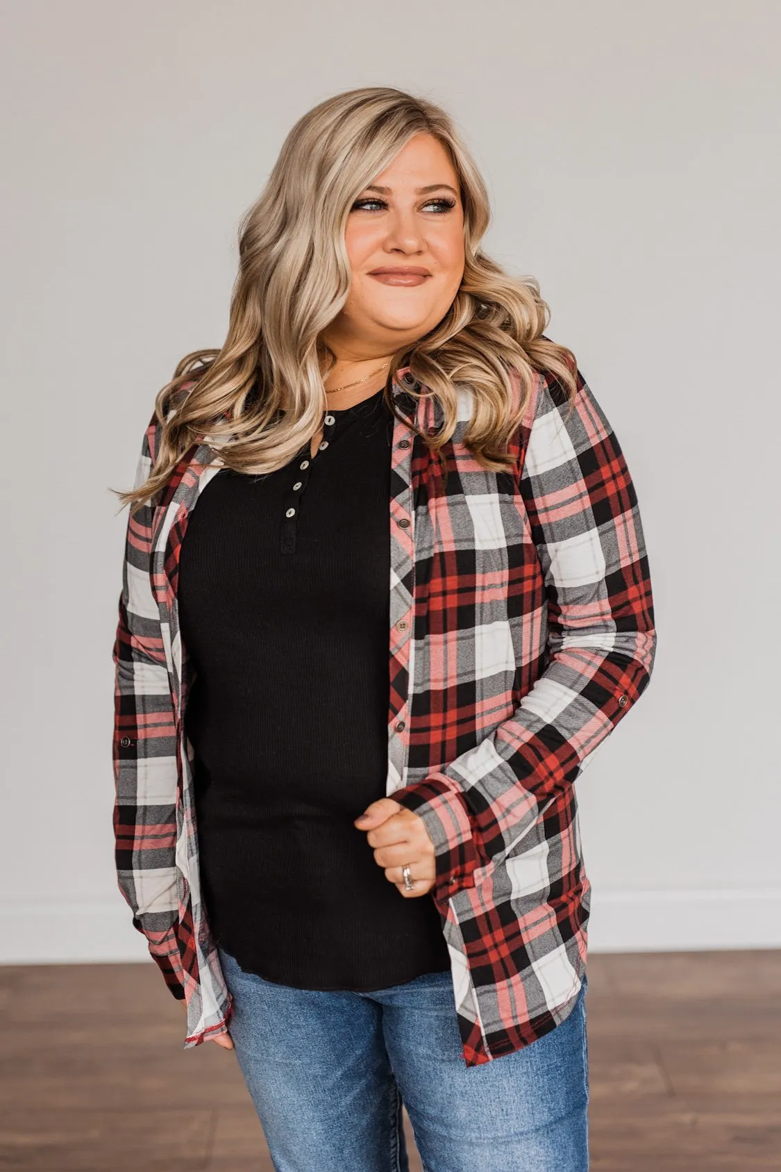 Holiday Feels Plaid Button Down- Red, Ivory & Black