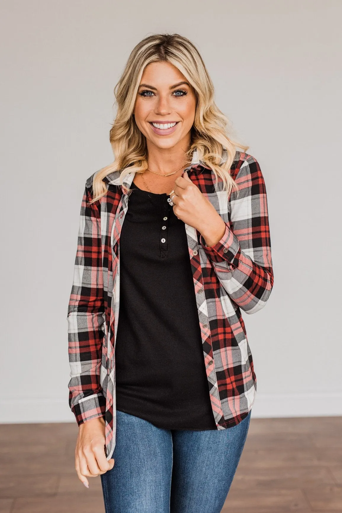 Holiday Feels Plaid Button Down- Red, Ivory & Black