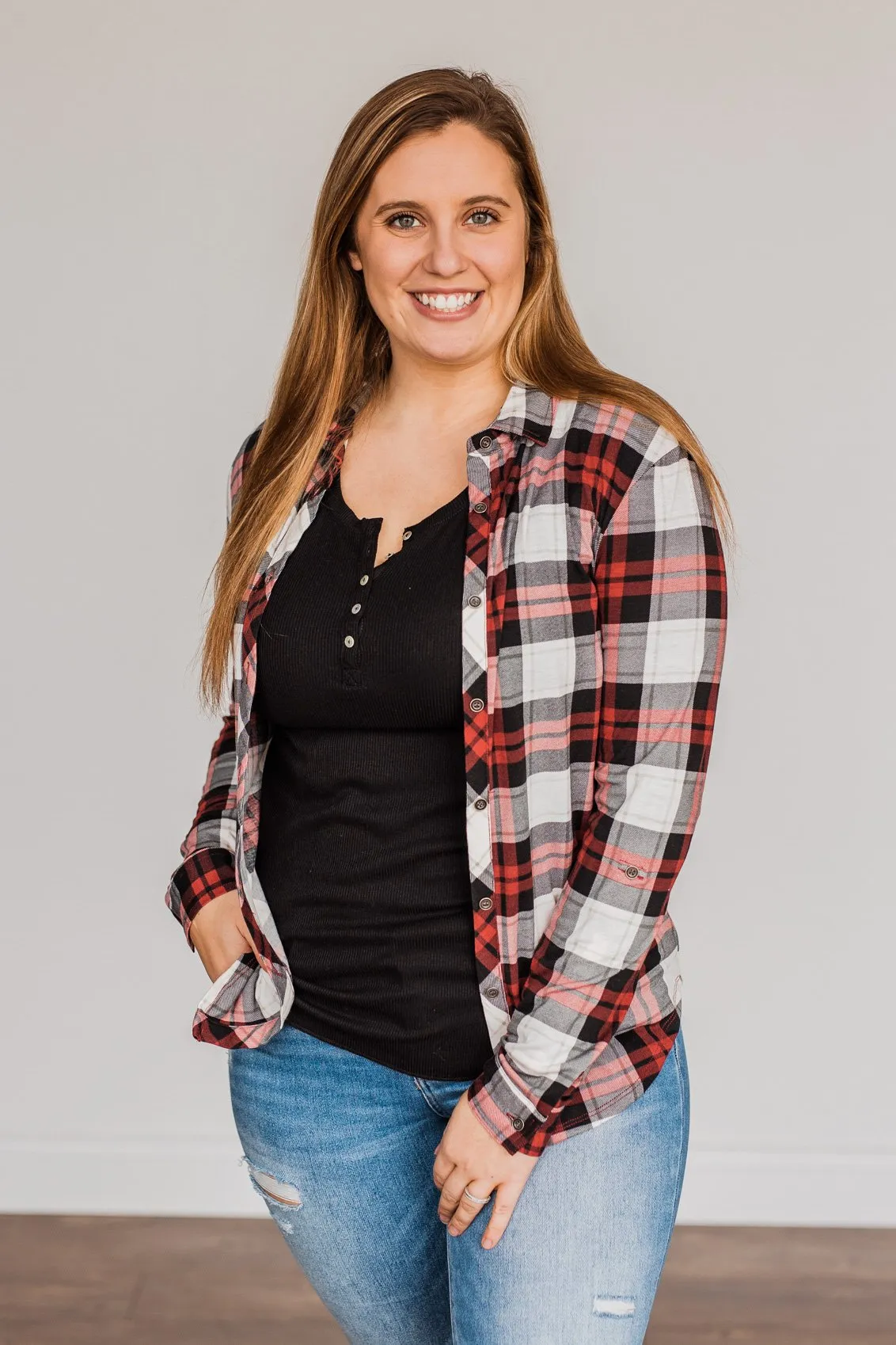 Holiday Feels Plaid Button Down- Red, Ivory & Black