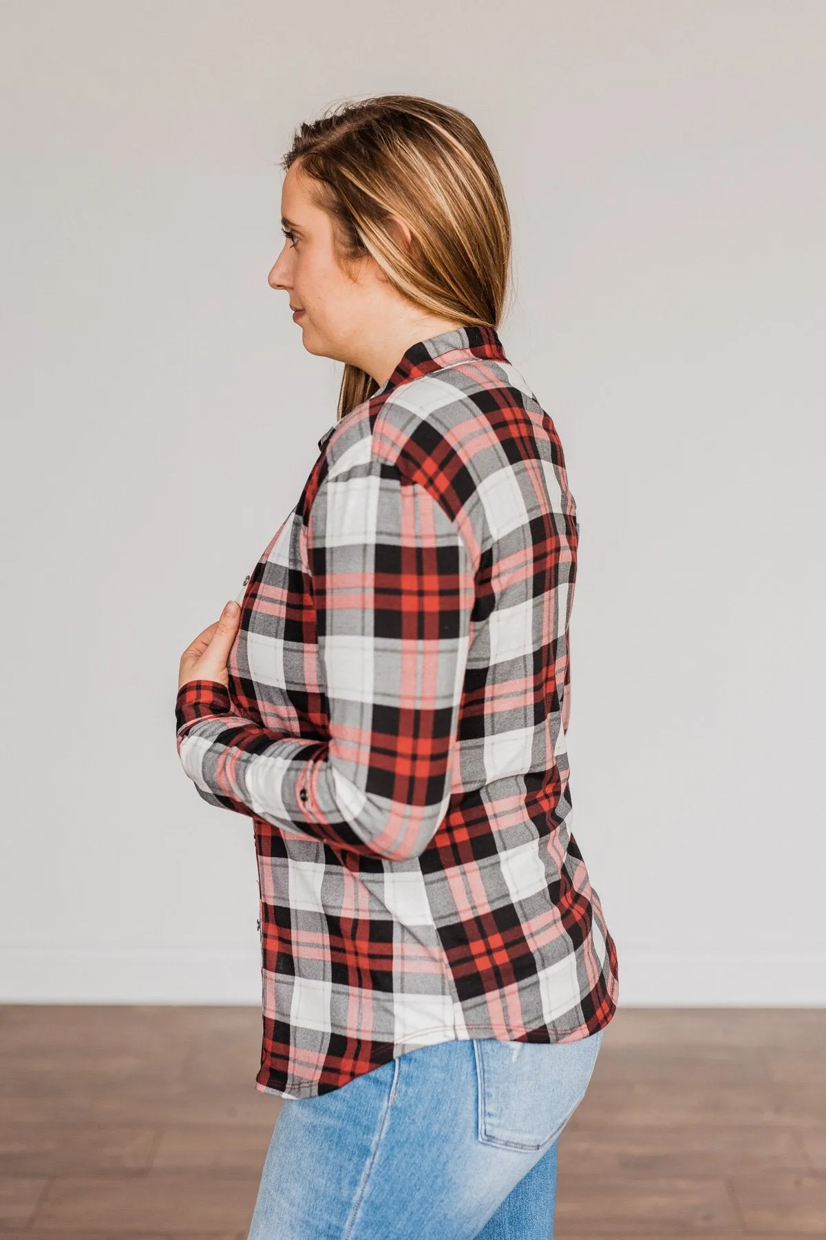 Holiday Feels Plaid Button Down- Red, Ivory & Black