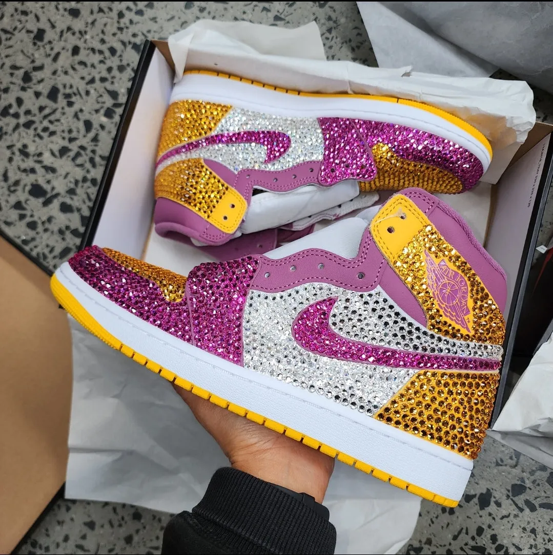 Jordan Mid (Pink/ Yellow/ White) With Full Bling