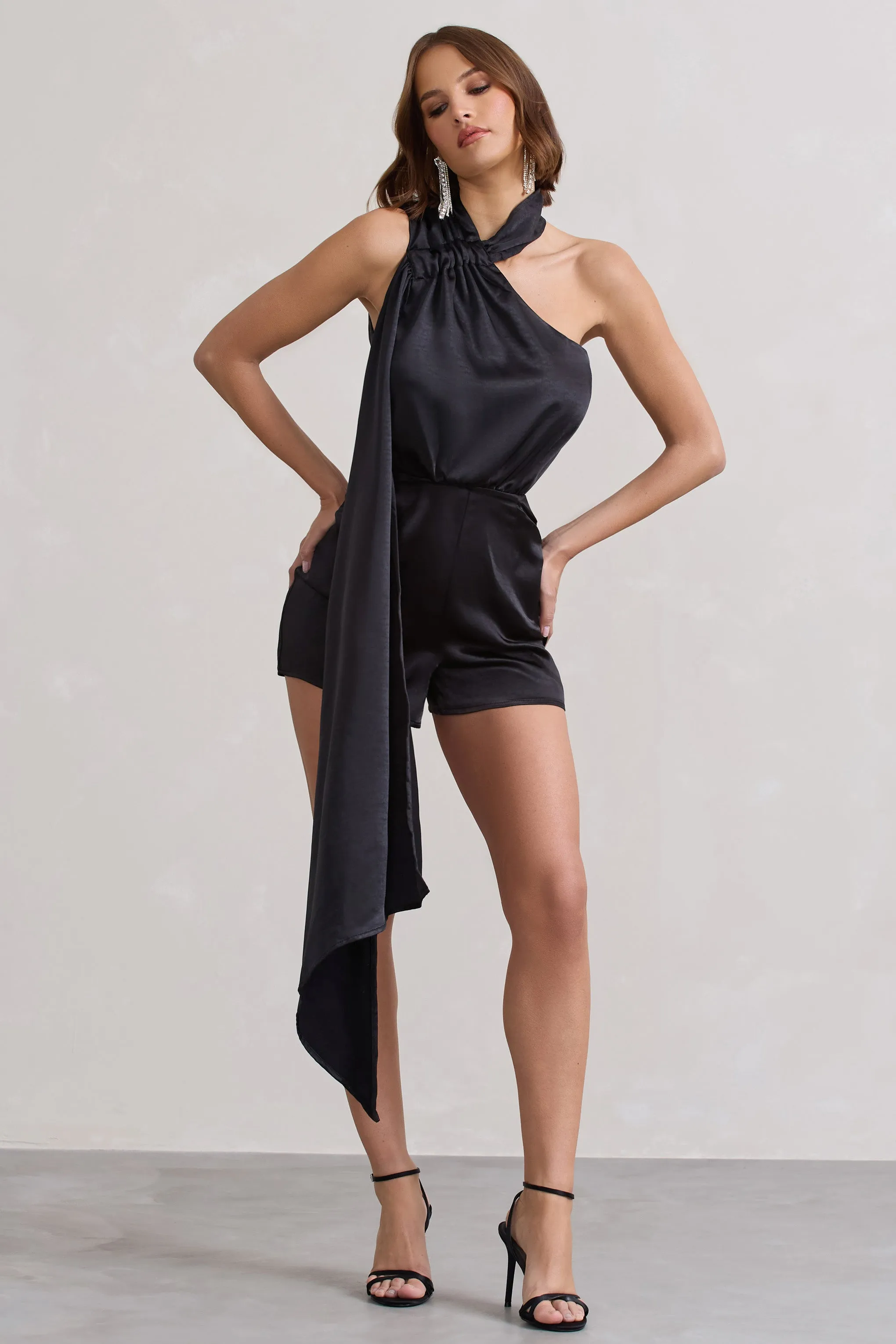 Ladies Day | Black Satin Scarf Detail Playsuit