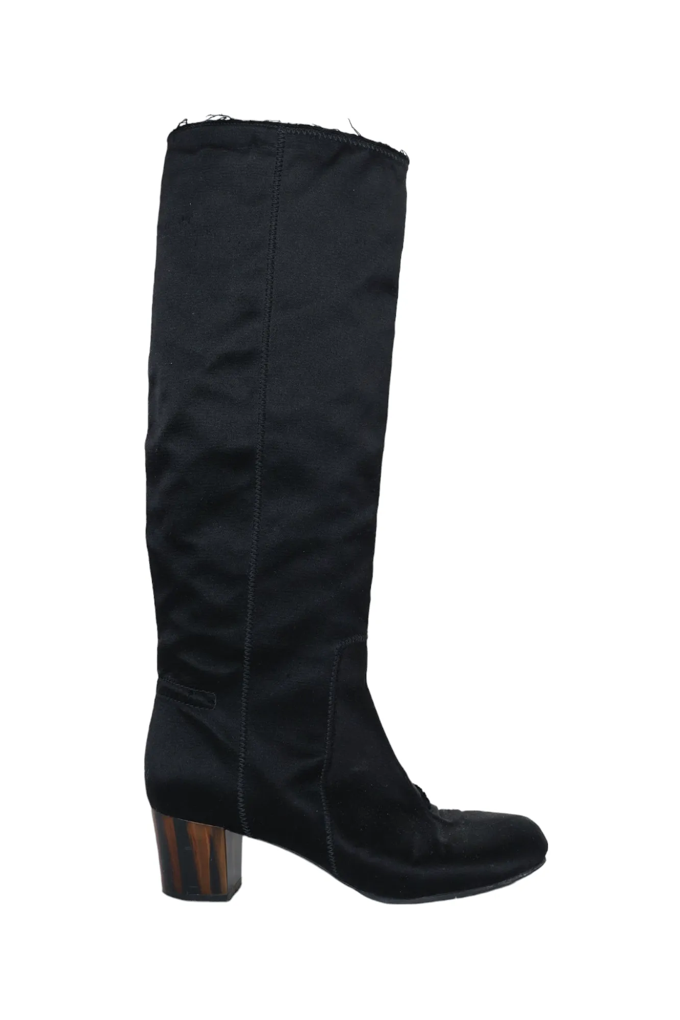 Lanvin Black Satin Raw-Edge Trim Knee High Heeled Boots Size 38