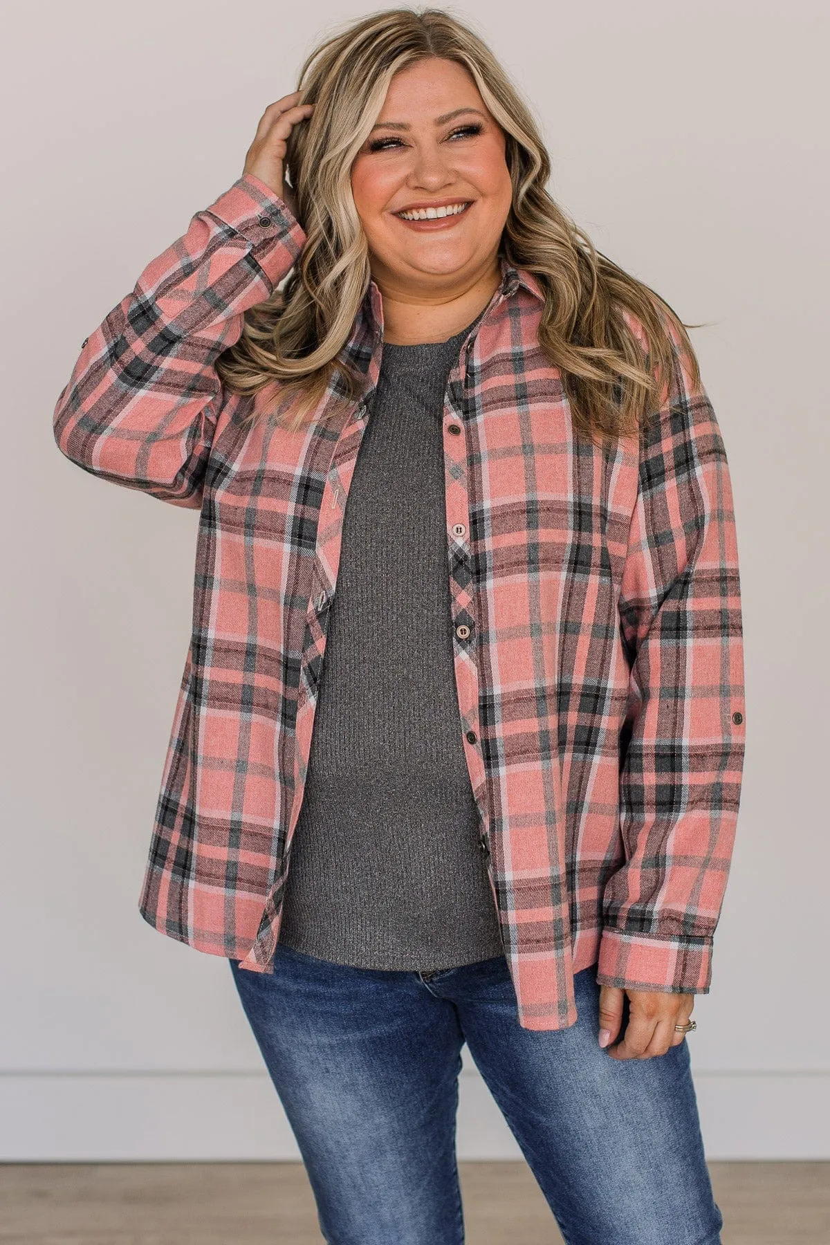 Lovely Seeing You Button Down Flannel- Pink & Charcoal