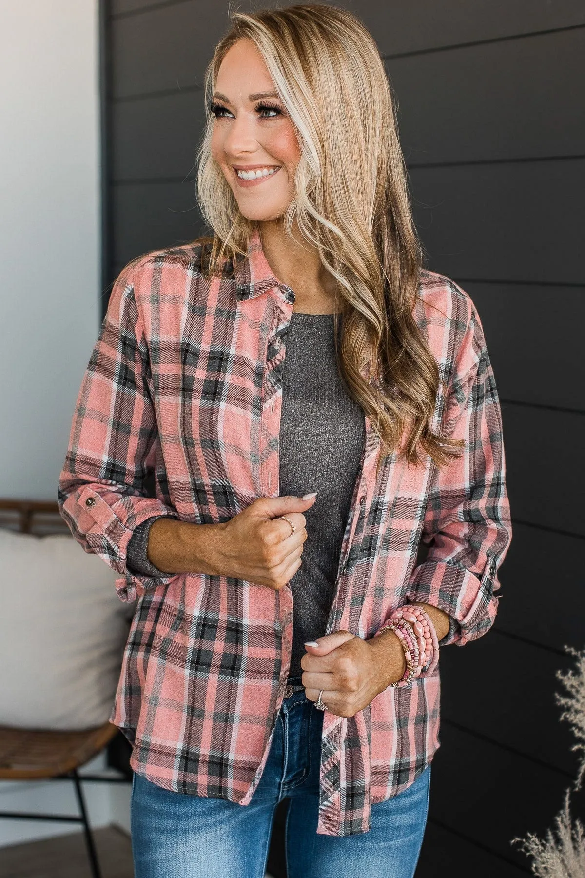 Lovely Seeing You Button Down Flannel- Pink & Charcoal