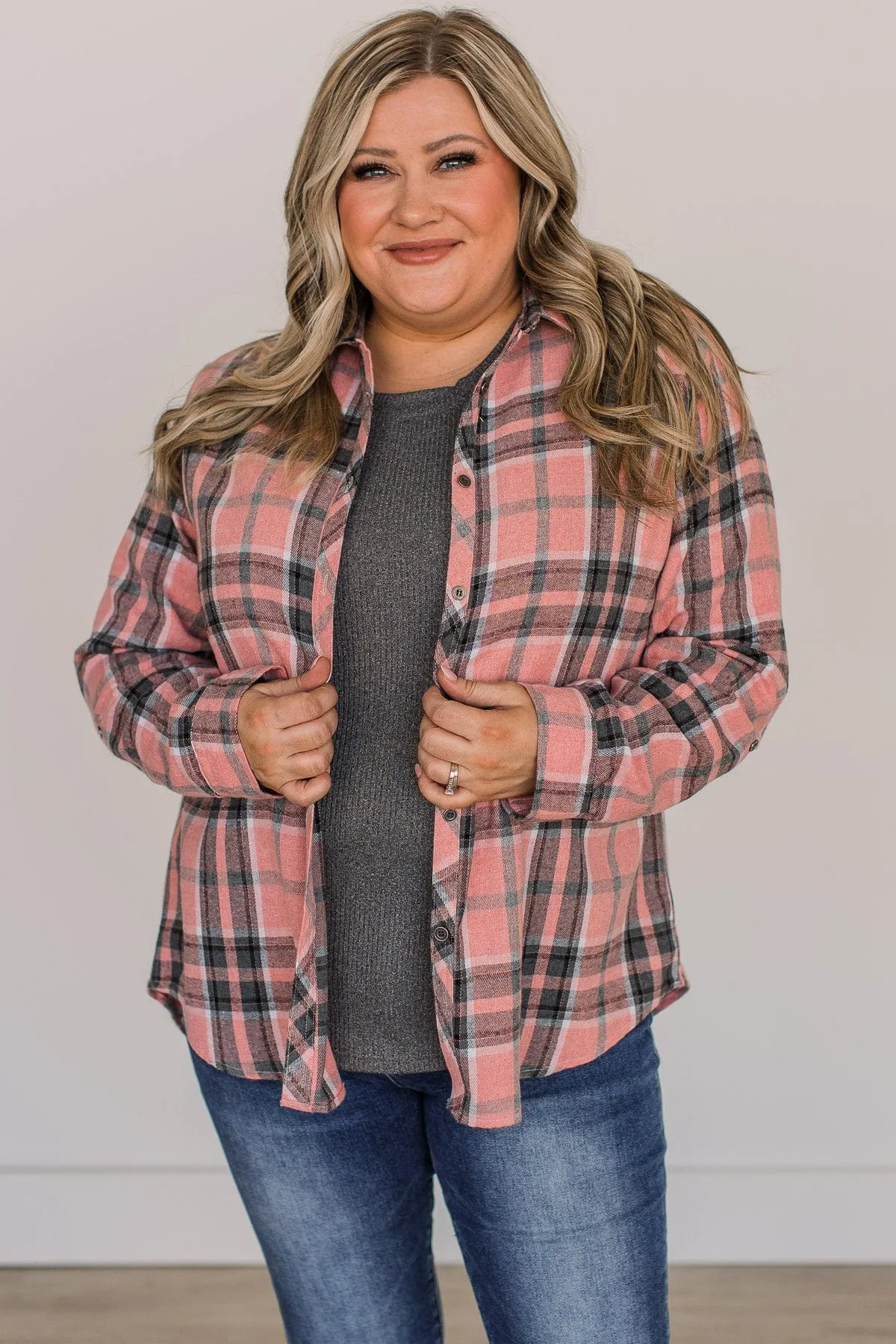 Lovely Seeing You Button Down Flannel- Pink & Charcoal