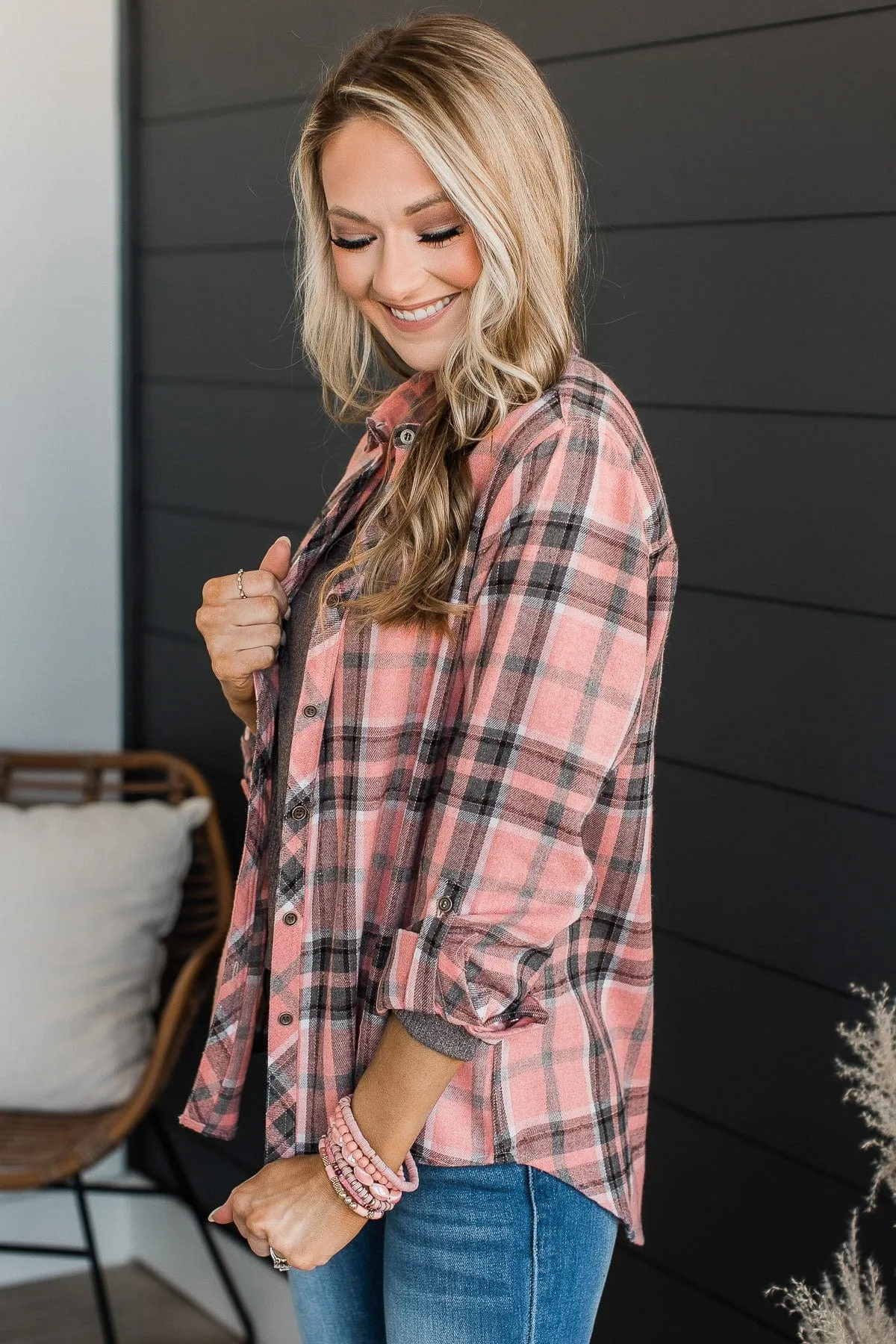 Lovely Seeing You Button Down Flannel- Pink & Charcoal