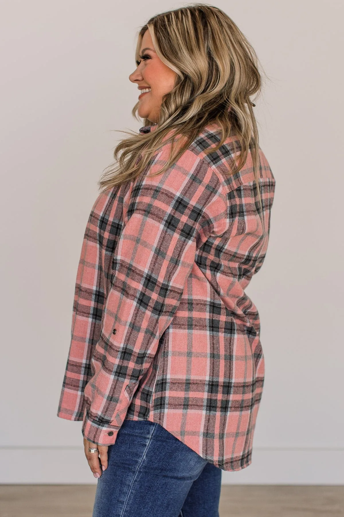 Lovely Seeing You Button Down Flannel- Pink & Charcoal