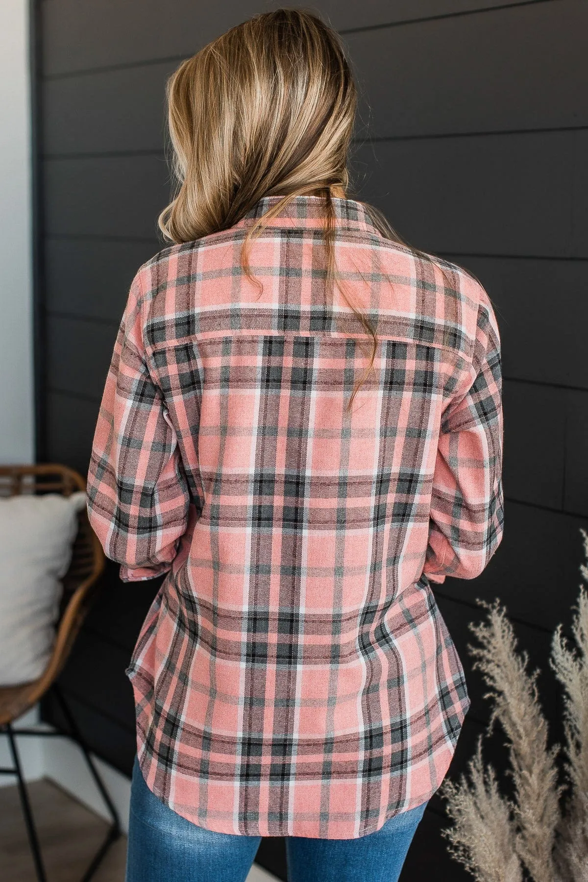 Lovely Seeing You Button Down Flannel- Pink & Charcoal