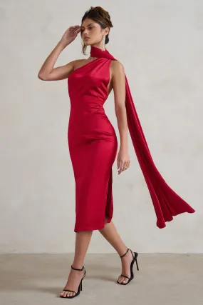 Madame | Berry Red Satin Asymmetric Scarf Neck Backless Midi Dress