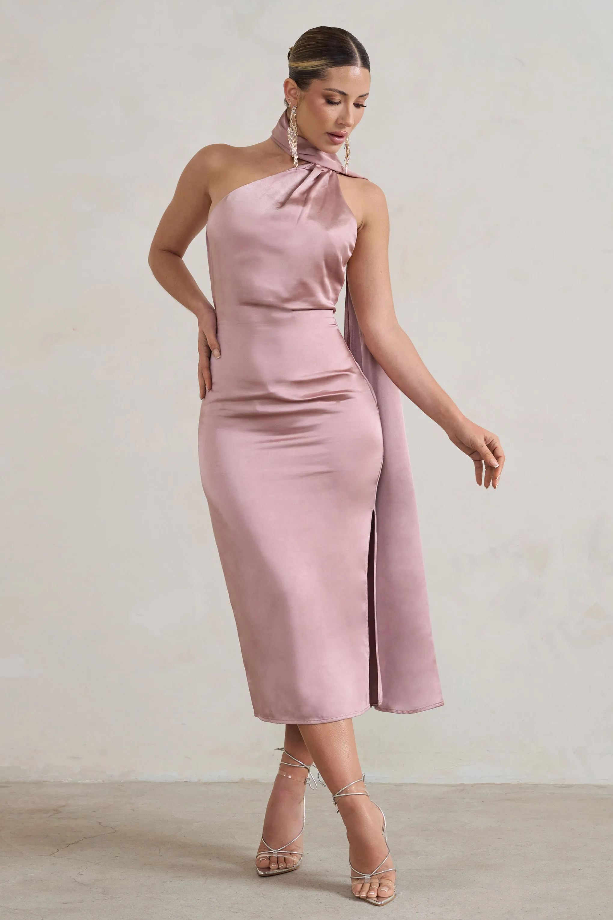 Madame | Blush Pink Satin Asymmetric Scarf Neck Backless Midi Dress