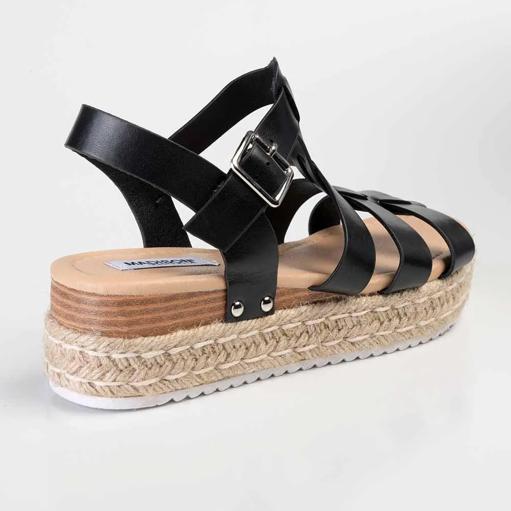 Madison Casablanca Strappy Espadrille Wedge Sandal - Black