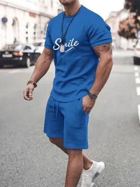 Men's Activewear 2-Piece Printed Short Sleeves Jewel Neck Blue