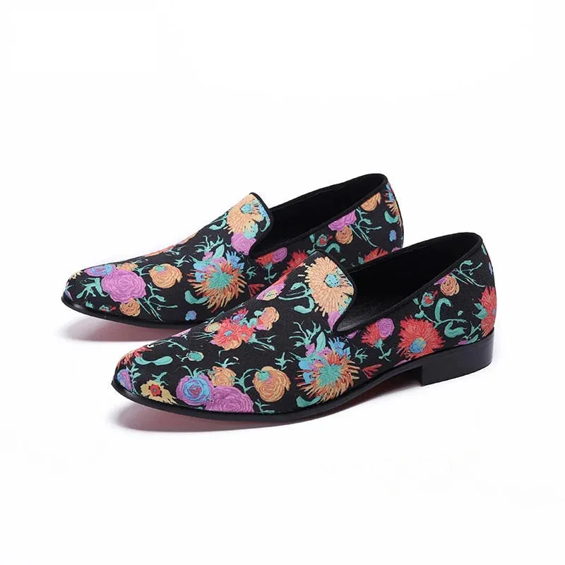 Men's Genuine Leather Floral Printed Slip-On Partywear Casual Shoes